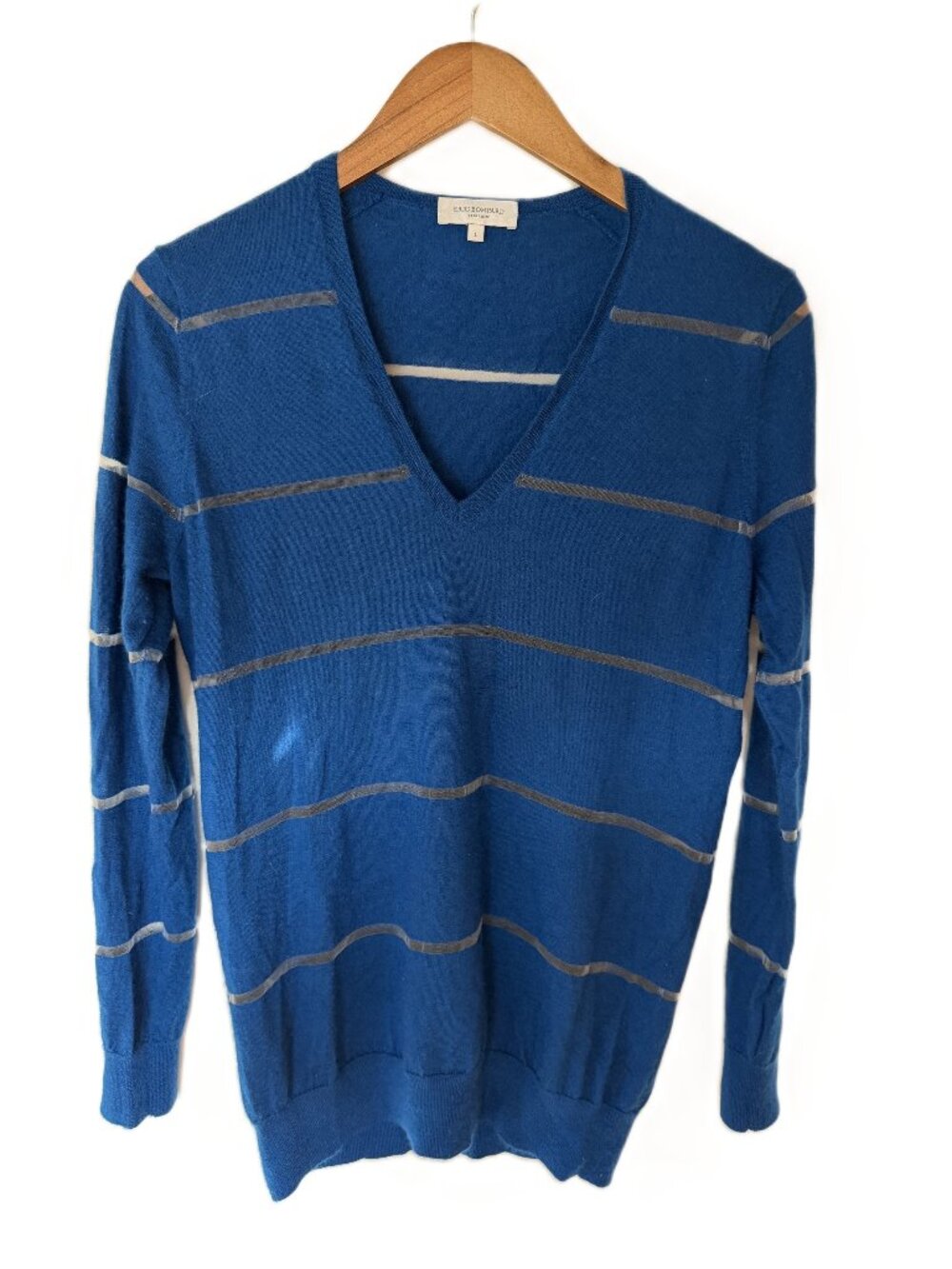 Eric Bompard Blue 100% Cashmere Sweater with Translucent Stripes, Women's Large